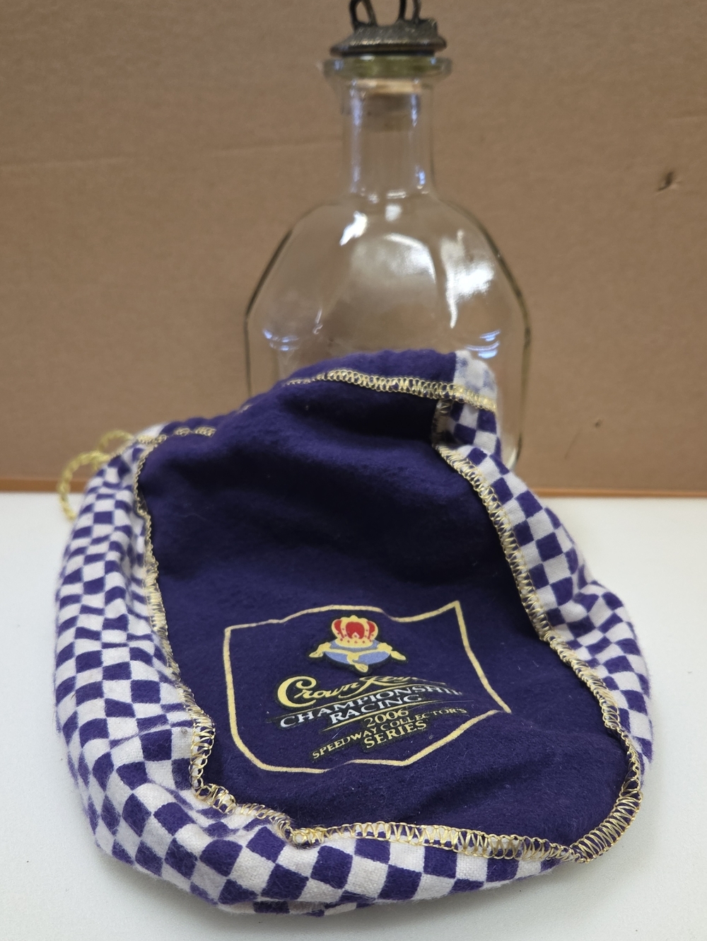 Collectible Purple Crown Royal  Empty Bottle With A Horse Stoper, Checkered  Bag